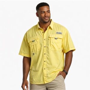 Columbia PFG short sleeve button-up shirt in a bright butter yellow. Medium